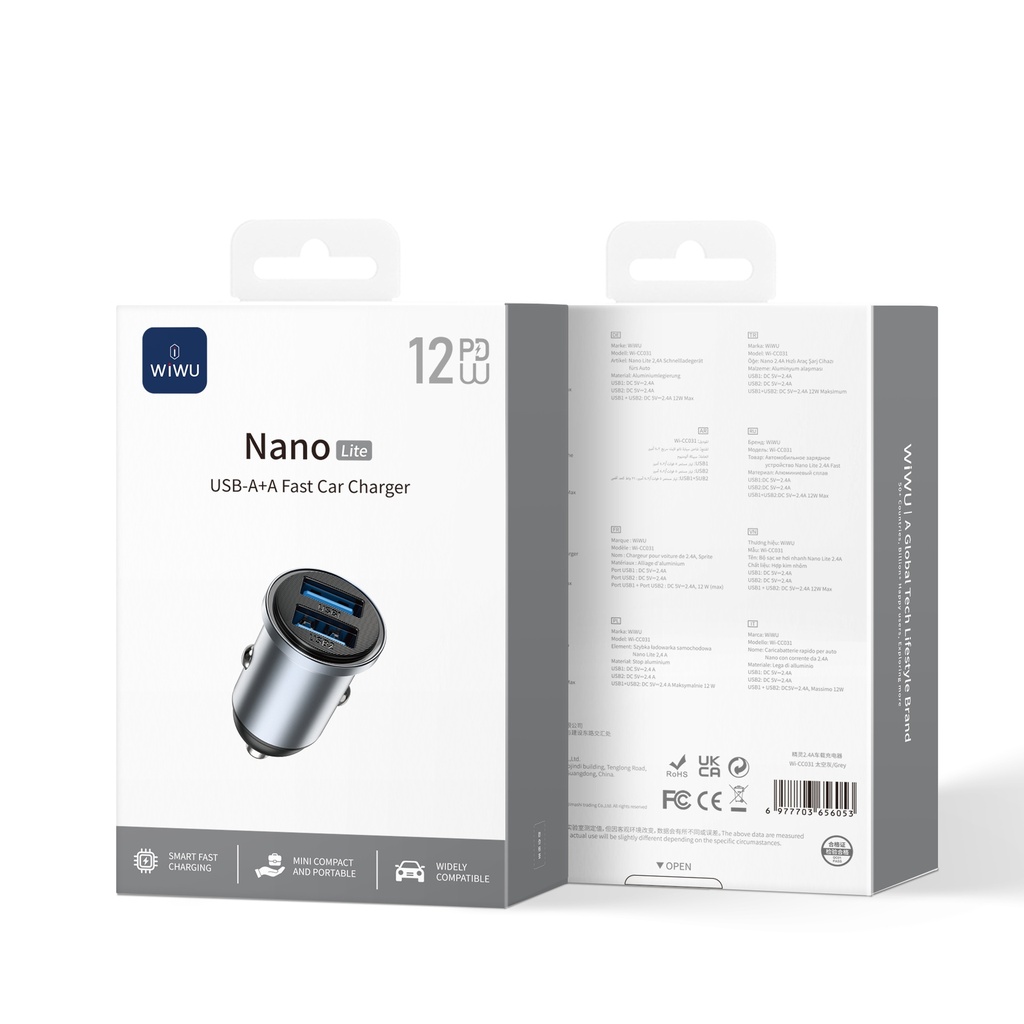 [WI-CC031 6977703656053] 12W Nano Lite 2A Fast Car Charger Grey