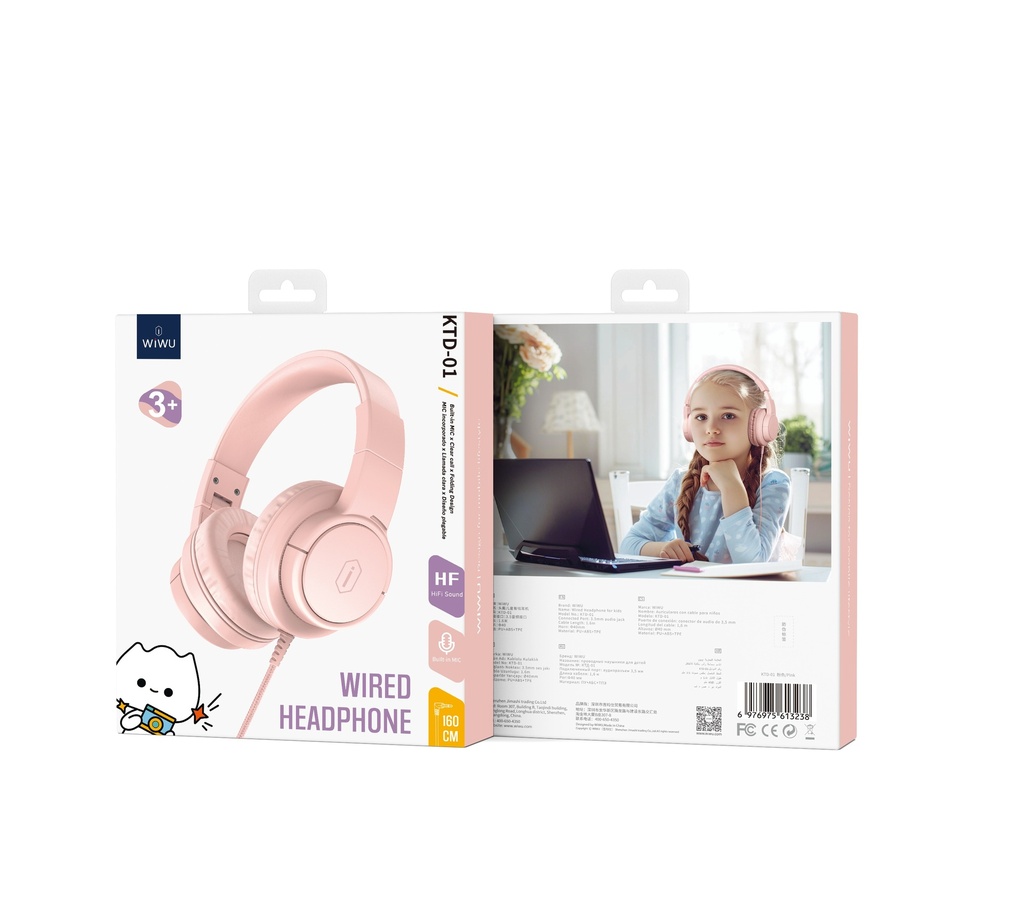 [WI-KTD01-2 6976975613238] Wired Headphones for Kids KTD-01 Pink