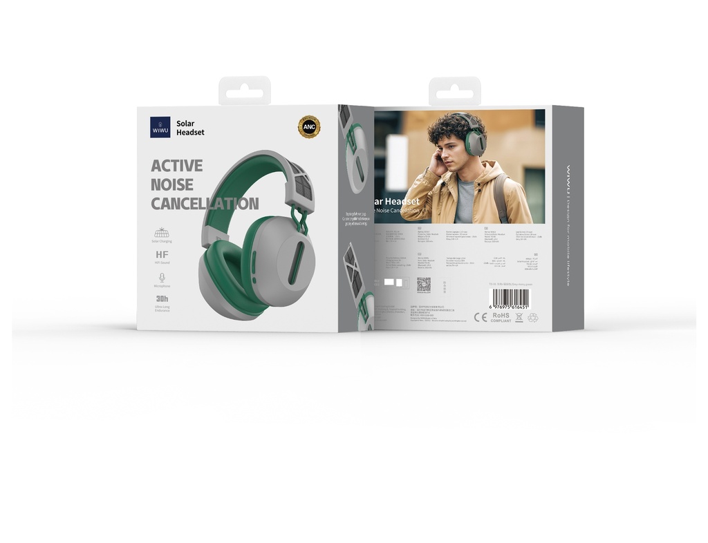 [WI-TD06-2 6976975616451] Green+Gray Solar Wireless Headphones