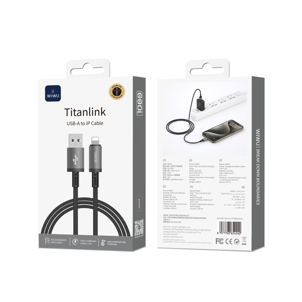 [WI-C055-AL 6977703654240] USB A-L 2.4A 1 Meter TitanLink Series Charging Cable Gray