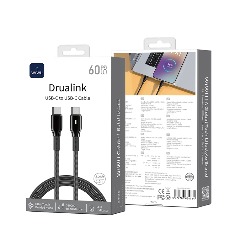 [WI-C075-CC 6977703654714] 60W USB C-C 1 Meter Duralink Series Nylon Braided Cable Black