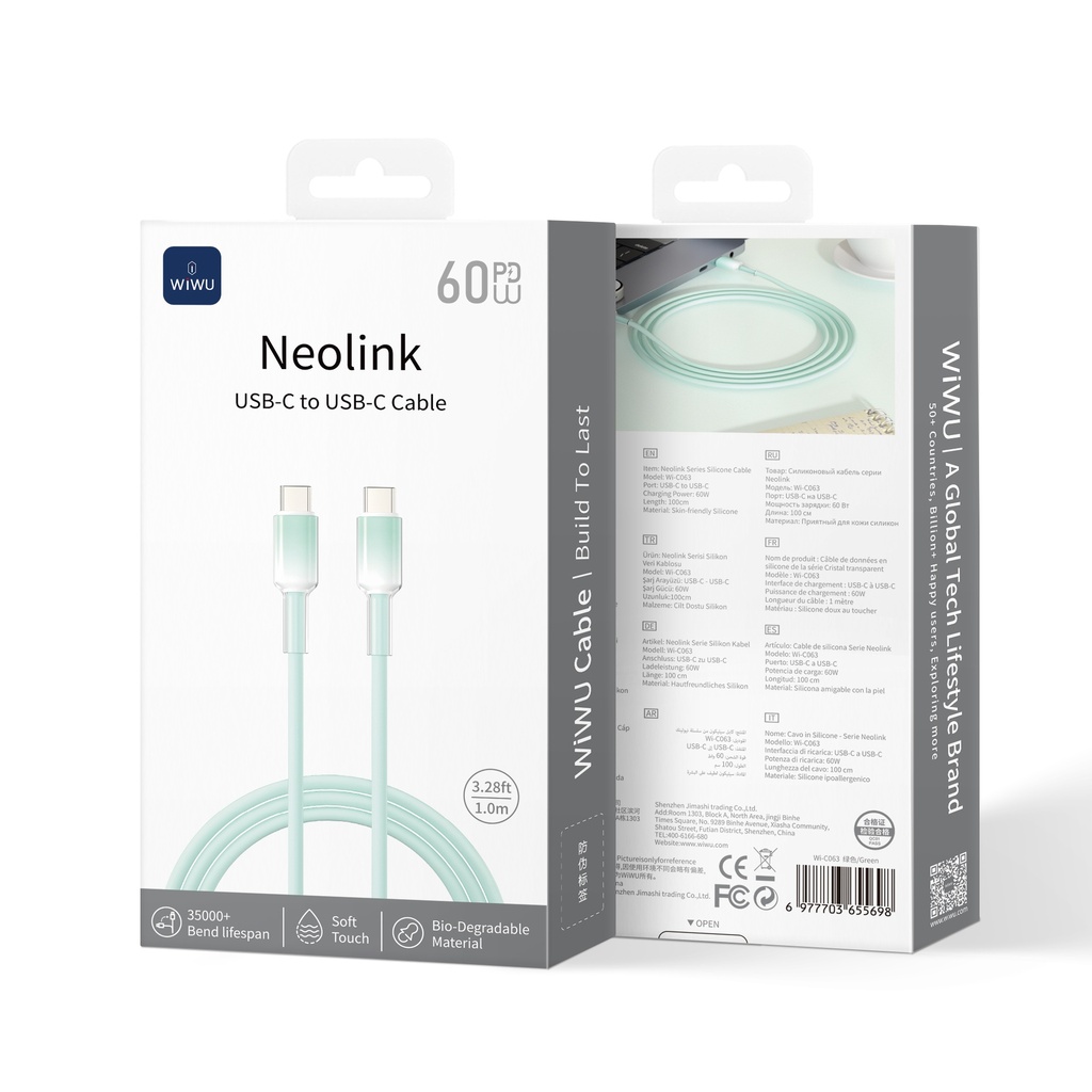 [WI-C063-CC-2 6977703655698] 60W Usb C-C 1 Meter Neolink Series Silicone Cable Green