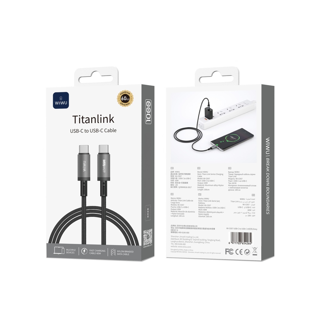 [WI-C057-CC 6977703654264] 60W Usb C-C 1 Meter TitanLink Series Charging Cable Gray