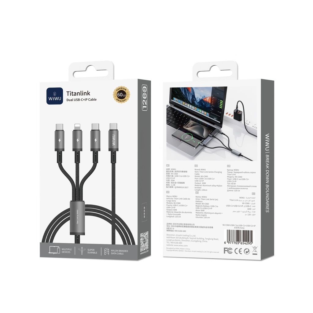 60W Usb C-C+C+L 1.2 Meters TitanLink Series Charging Cable Gray