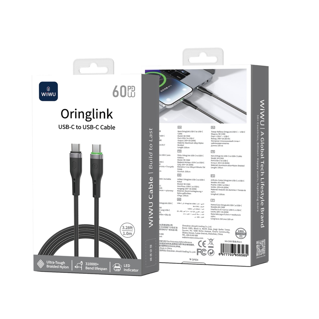 [WI-C069-CC 6977703656565] 60W USB C-L 1 Meter OringLink Series Nylon Braided Cable Black