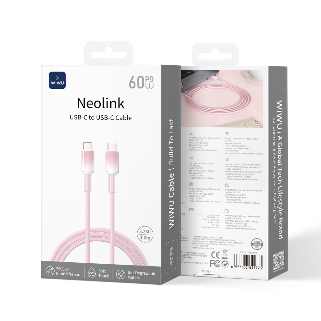 [WI-C063-CC-3 6977703655773] 60W Usb C-C 1 Meter Neolink Series Silicone Cable Pink