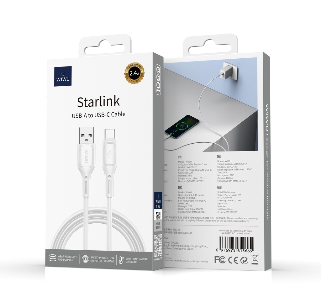 [WI-C042E-AC-2 6976975615669] Usb A-C 2.4A StarLink Cable 1 Meter White