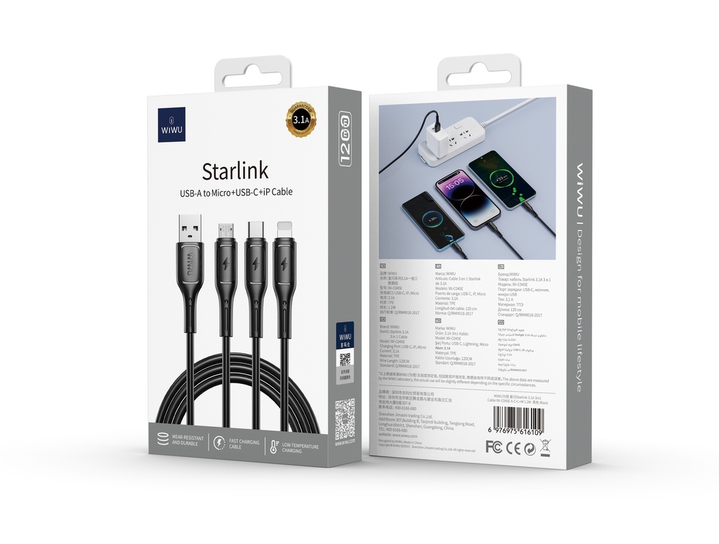 Usb A-C+L+M 3.1A StarLink Cable 1.2 Meters Black