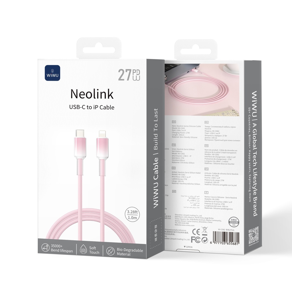 [WI-C062-CL-3 6977703655681] 27W Usb C-L 1 Meter Neolink Series Silicone Cable Pink