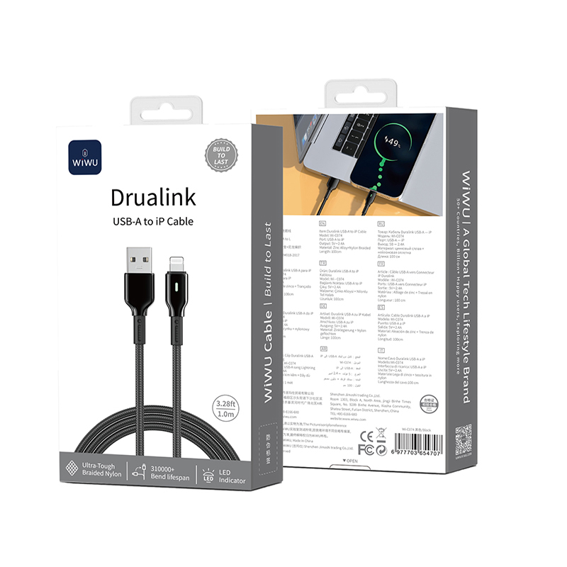 12W USB A-L 1 Meter Duralink Series Nylon Braided Cable Black