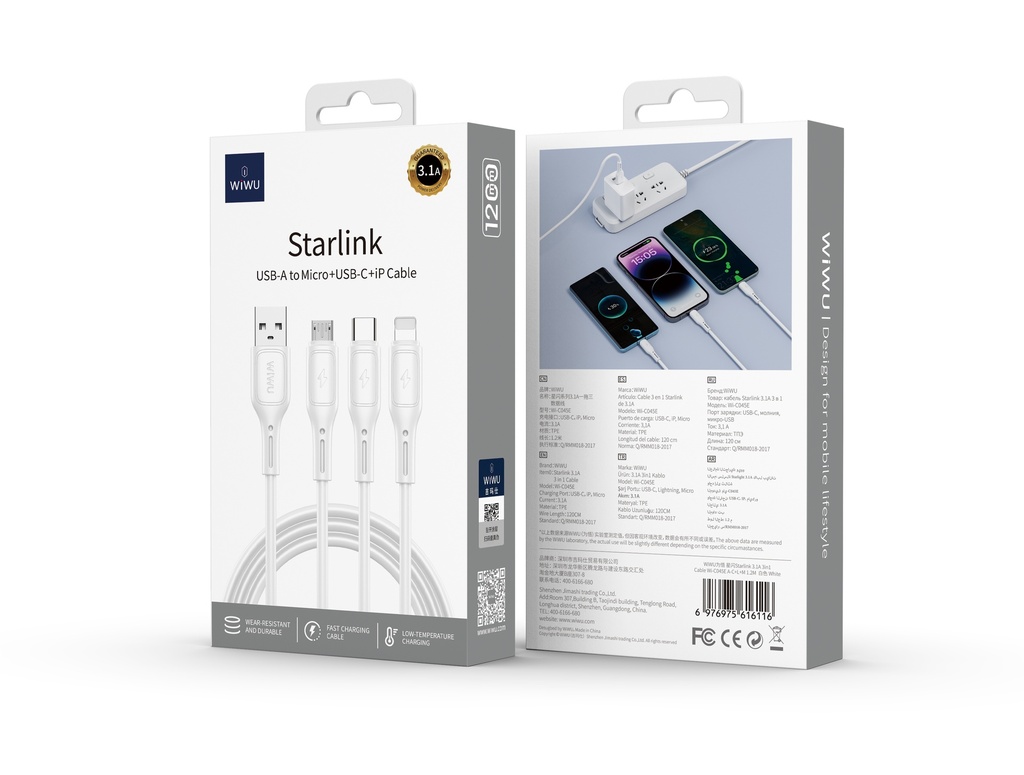 Usb A-C+L+M 3.1A StarLink Cable 1.2 Meters White