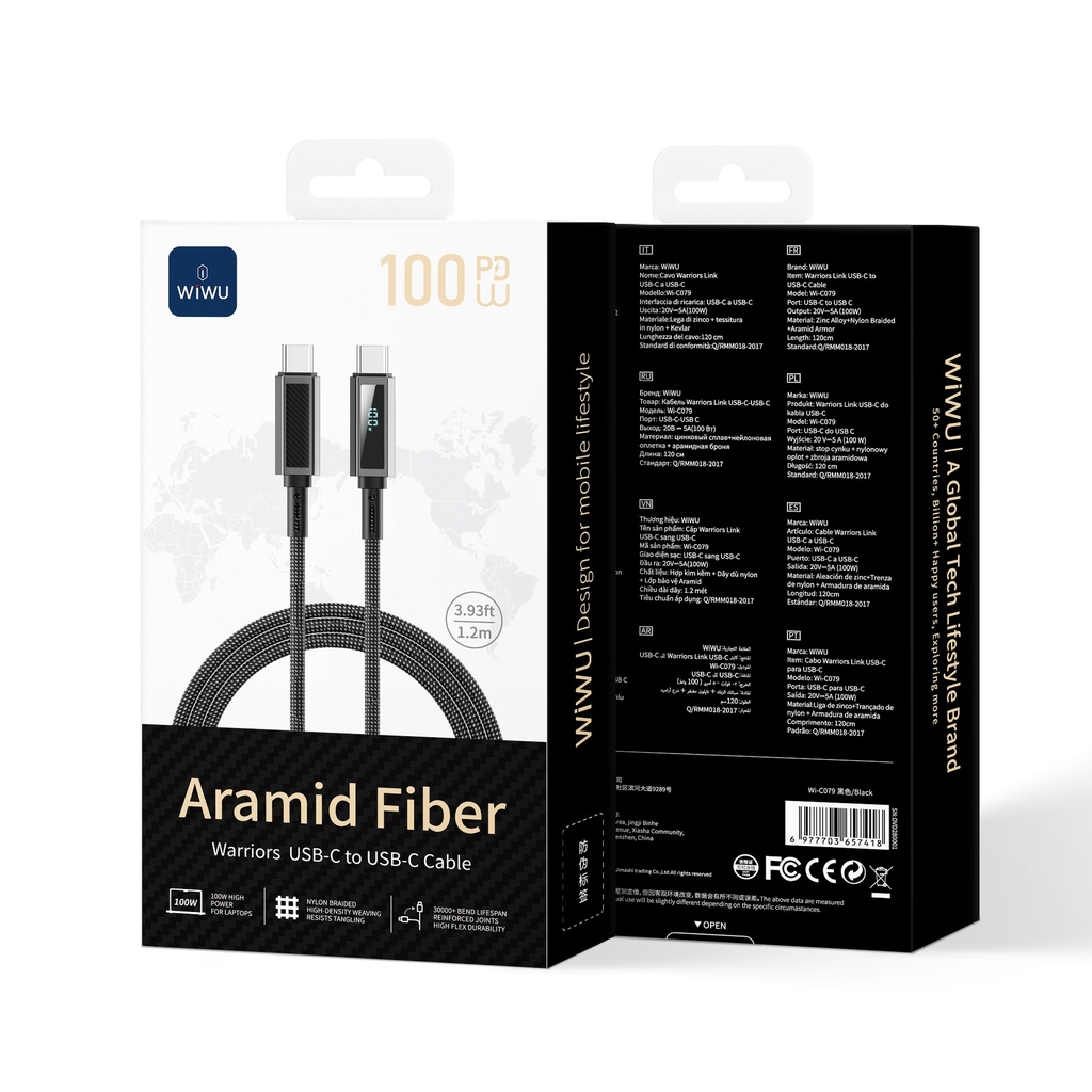 [WI-C079-CC 6977703657418] 100W USB C-C 1.2 Meter Warriors Link Series Nylon Braided Cable Black