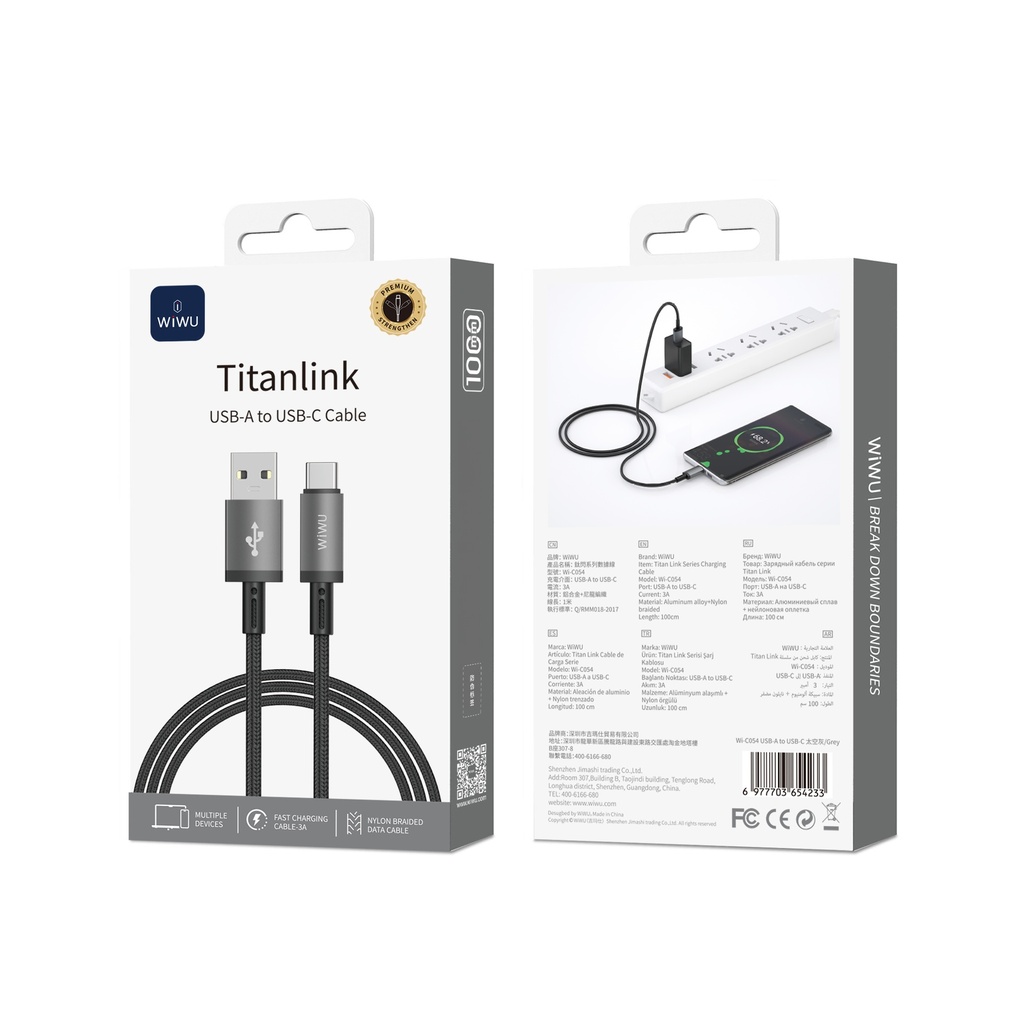 [WI-C054-AC 6977703654233] USB A-C 3A 1 Meter TitanLink Series Charging Cable Gray
