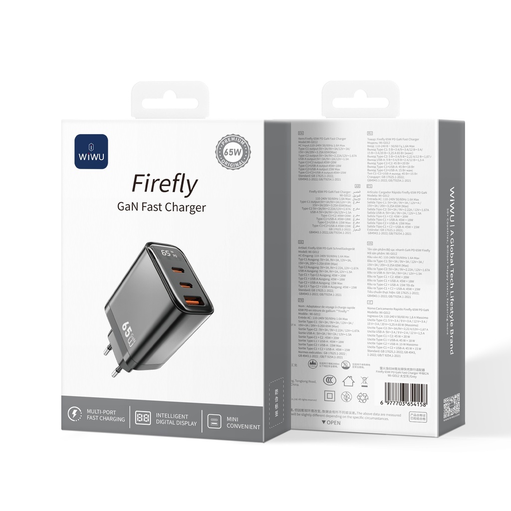[WI-G012 6977703654134] Firefly 65W GaN Fast Charger USB A+2C with Digital Display – EU Plug