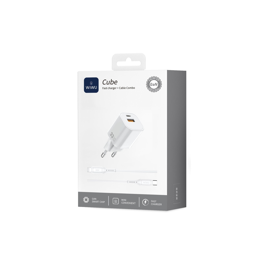 33W GaN Cube Fast Charger USB C+A with C-L Cable – EU Plug