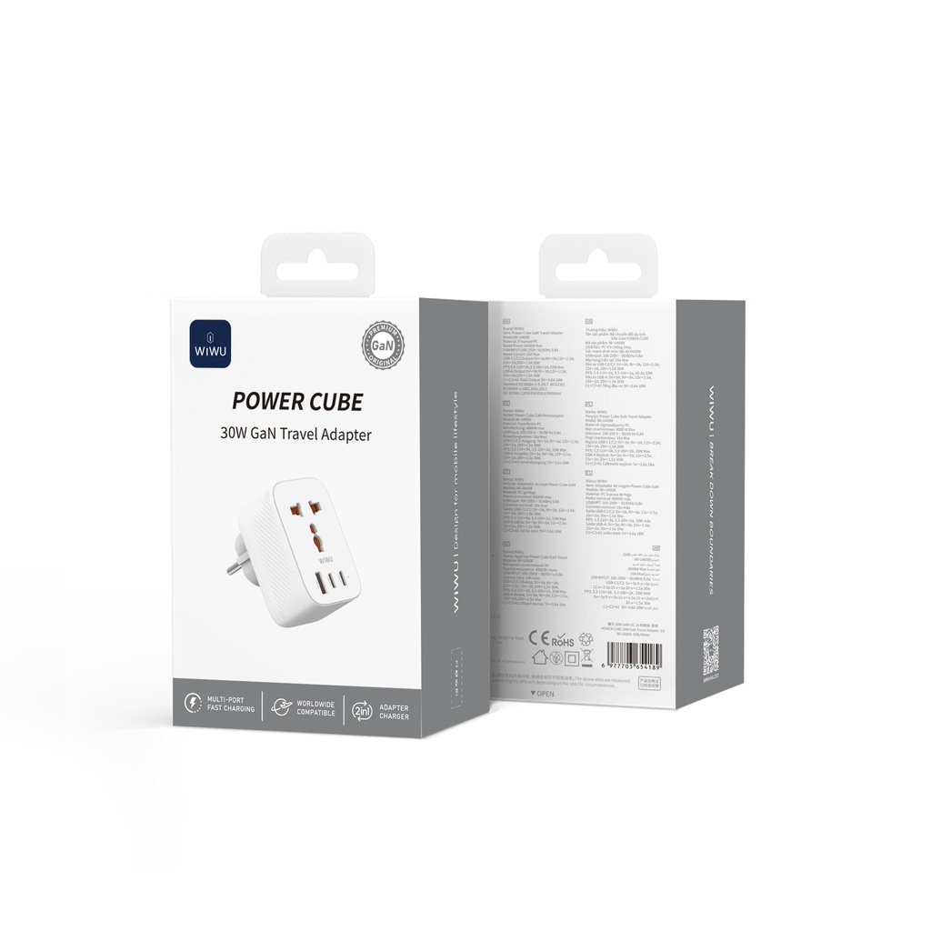 30W Power Cube GaN 2C1A Travel Adapter + 1 EU Plug