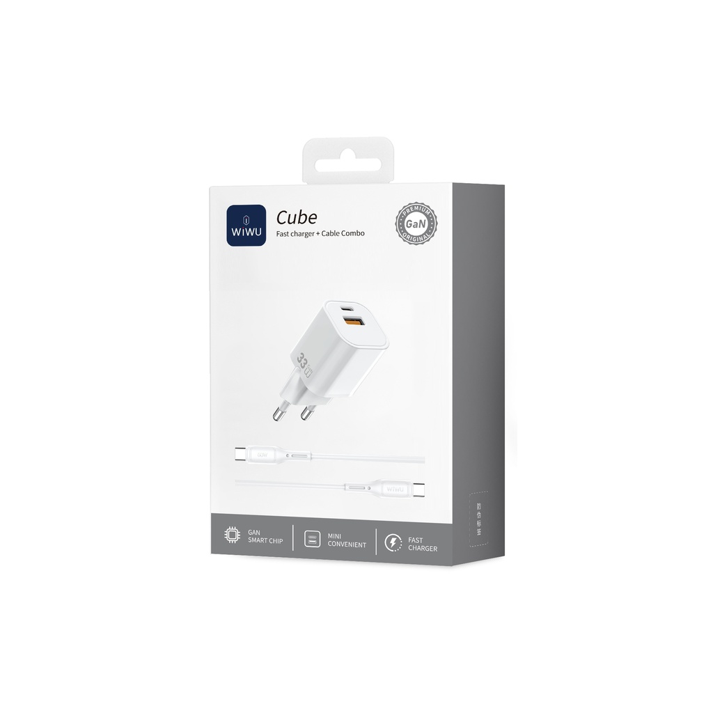 33W GaN Cube Fast Charger USB C+A with C-C Cable – EU Plug