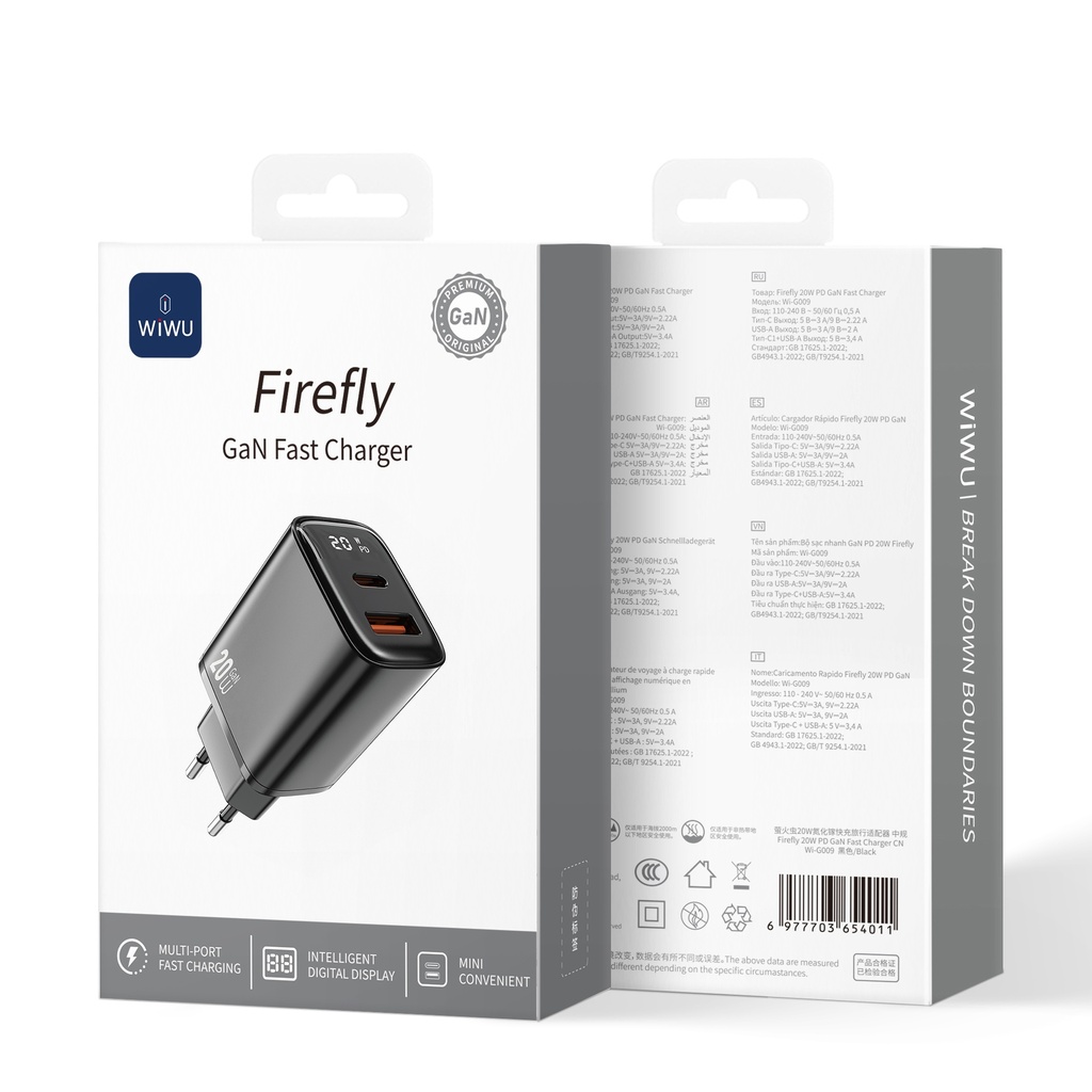 [WI-G009 6977703654035] Firefly 20W GaN Fast Charger USB A+C with Digital Display – EU Plug