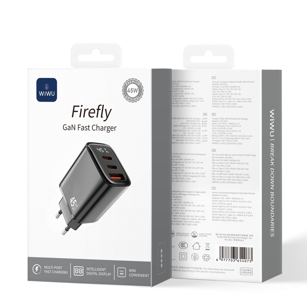 [WI-G011 6977703654097] Firefly 45W GaN Fast Charger USB A+2C with Digital Display – EU Plug