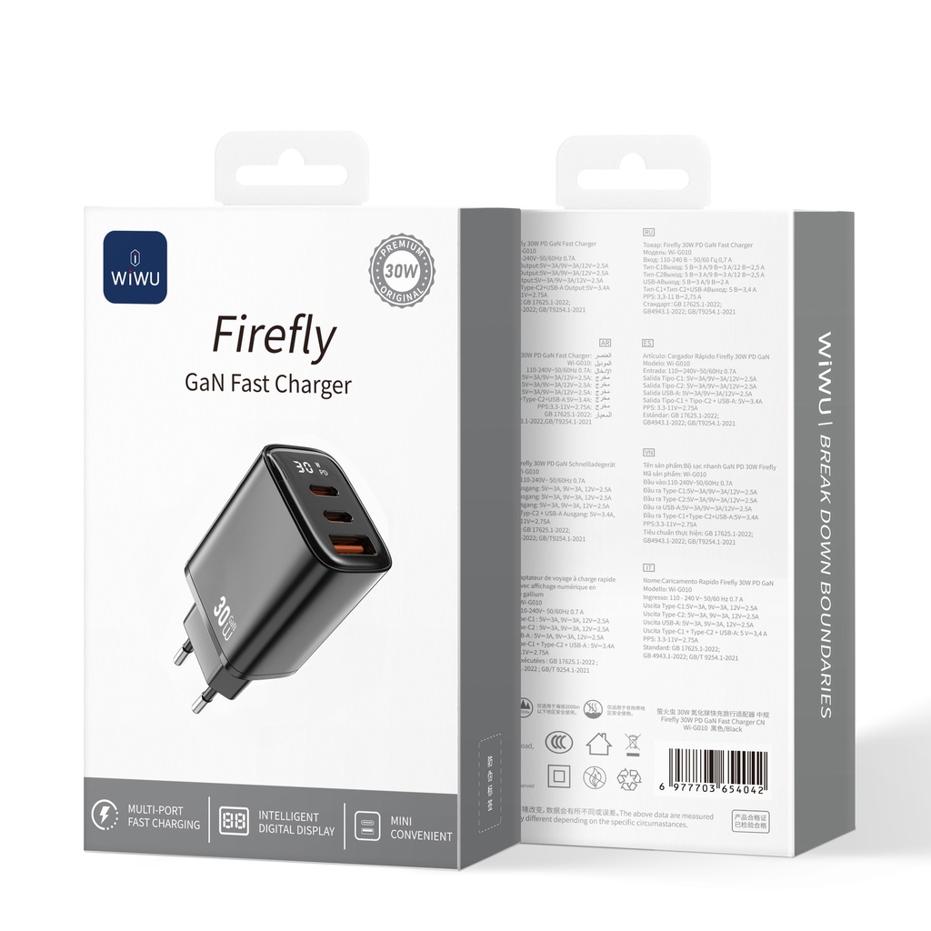 [WI-G010 6977703654066] Firefly 30W GaN Fast Charger USB A+2C with Digital Display – EU Plug