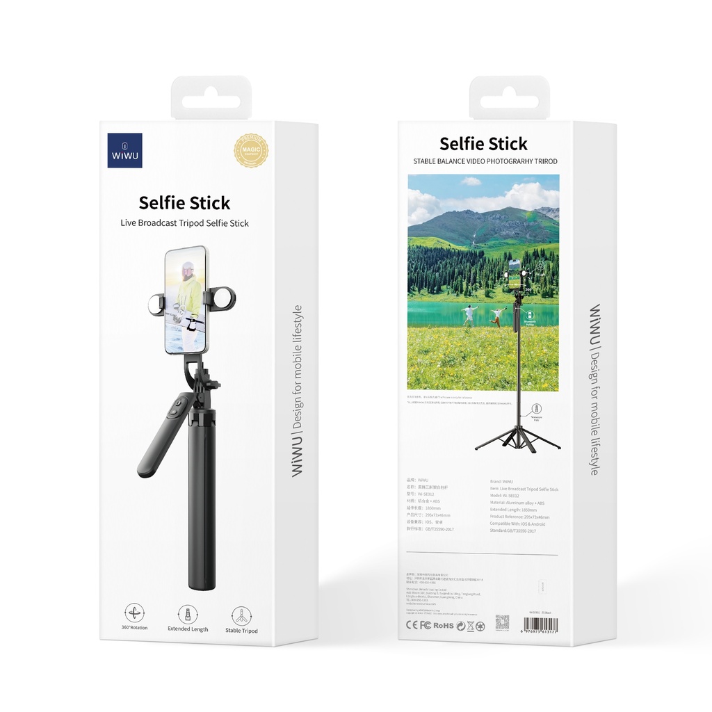 [WI-SE012 6976975613177] Selfie Stick with Tripod for Live Streaming with Lights Black