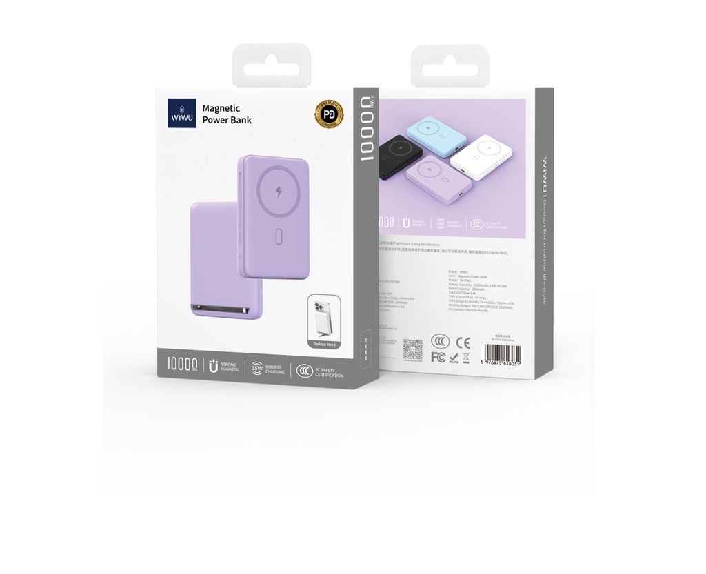 [WI-P043-4 6976975616055] 20W 10,000 mAh Magnetic Power Bank with Integrated Stand (Lilac)